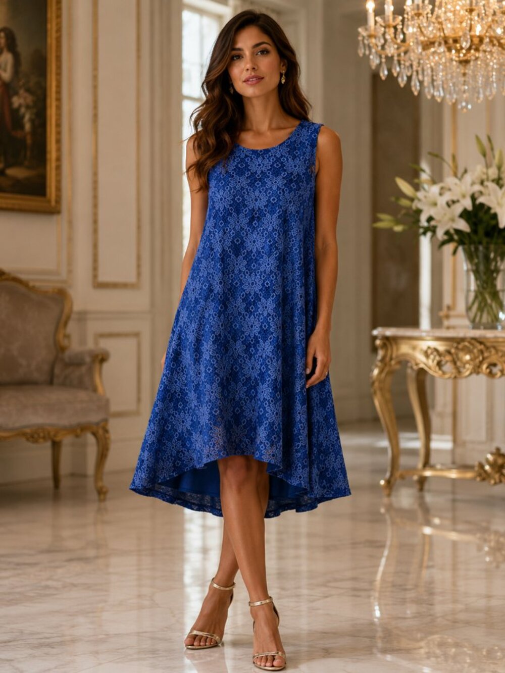 Sharagano Fashion Dress Royal Blue Fully Lined Lace High Low Hem Keyhole Back 10